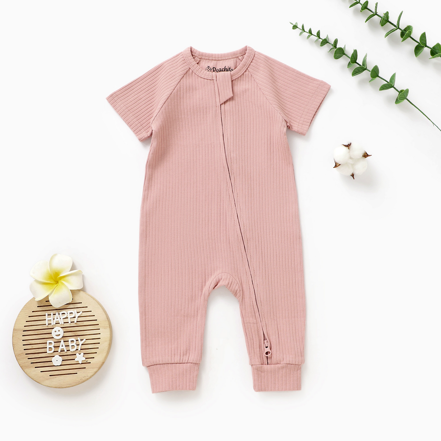 אוברול שרוול קצר עם רוכסן דו כיווני מכותנה אורגנית Blush