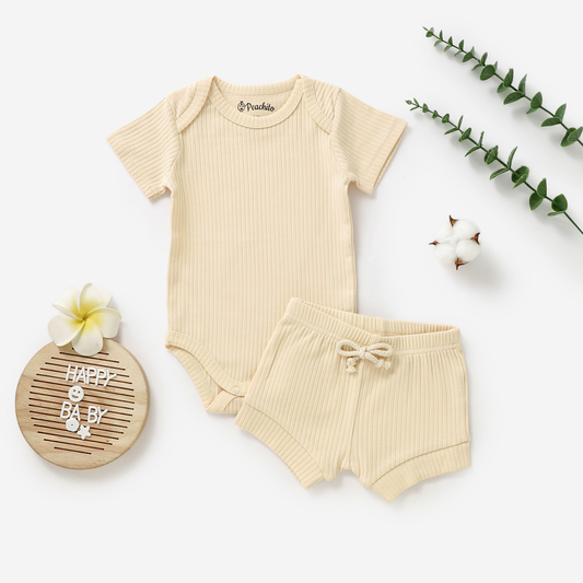 סט בגד גוף ומכנס קצר מכותנה אורגנית Cream